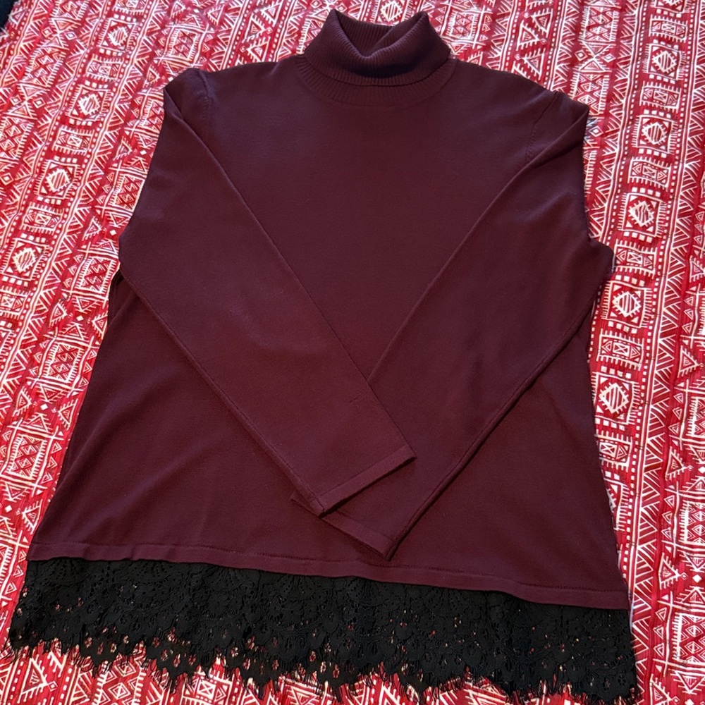 Investments Burgundy Turtleneck Top with Black Lace Hem